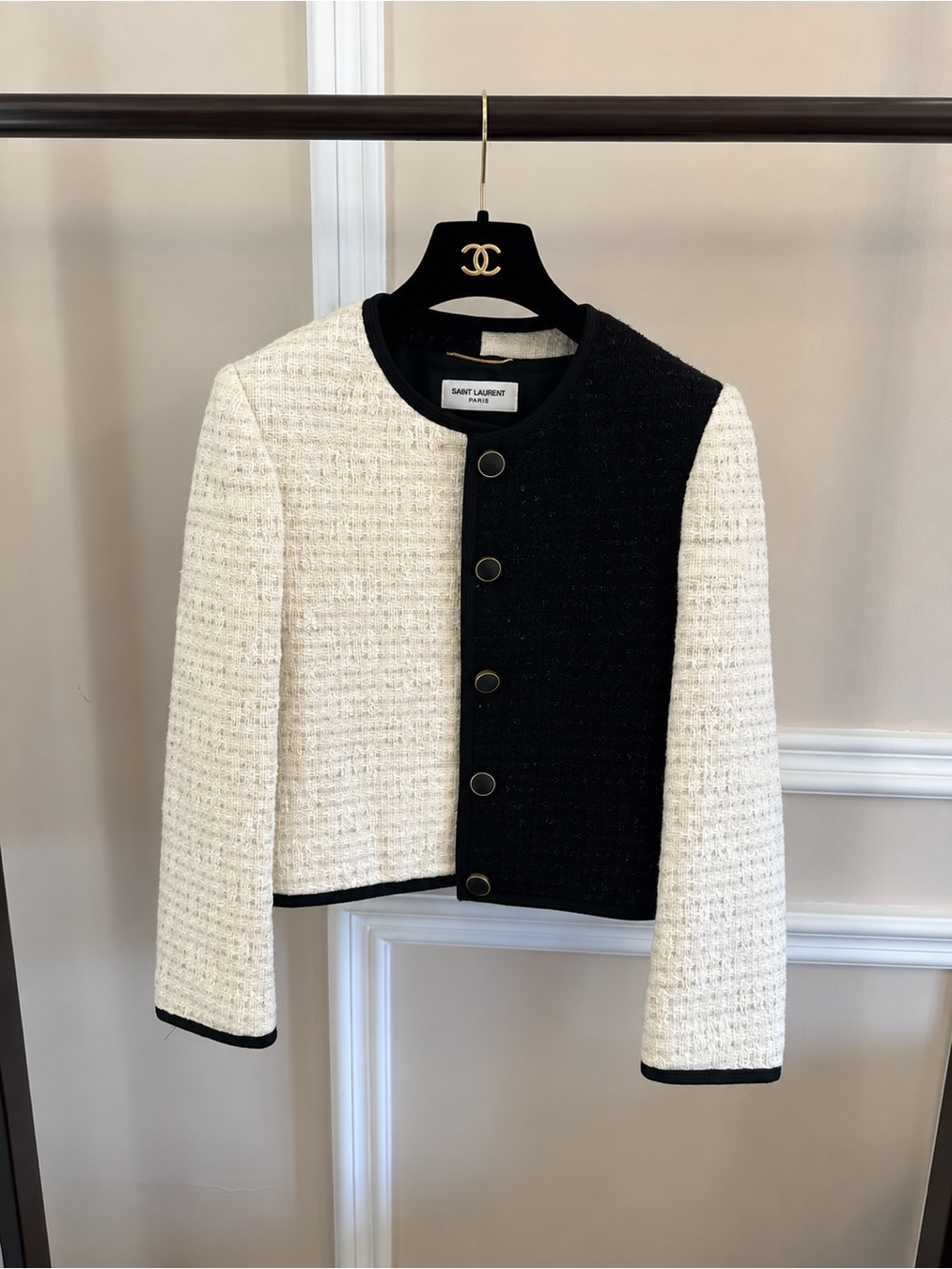 🚩steal Saint Laurent Black & Cream Tweed Cropped Jacket